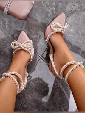 Women’s Pink Faux Pearl-Embellished Pointed Toe Heels